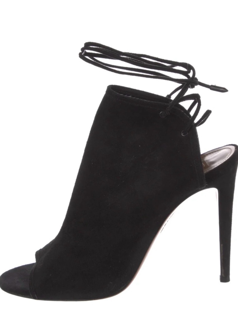 Aquazzura Mayfair open-toe black suede booties lace-up ankle ties Sz 40 Gorgeous